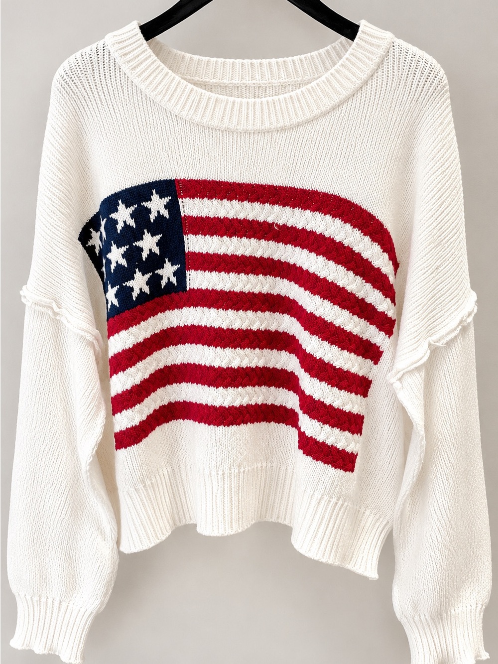 Miracle White Crewneck Sweater with Red & Blue Flag Graphic